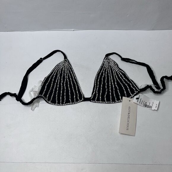 Hot & Delicious Rhinestone Black  Triangle Halter Bikini Top Women’s Size M NWT - Picture 1 of 12